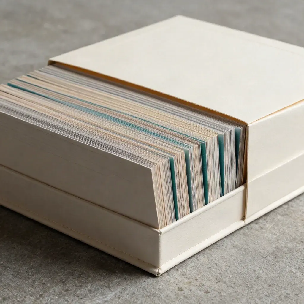 Macro slipcase startup kit with rising tabs and teal accents on stone.