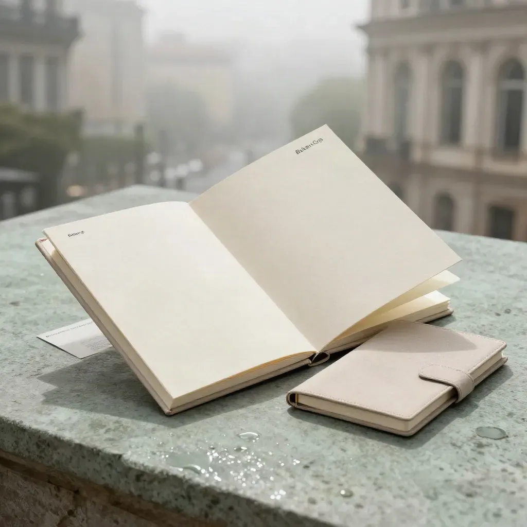 Growth planning kit with binder, dividers, card and notebook on rain-kissed stone