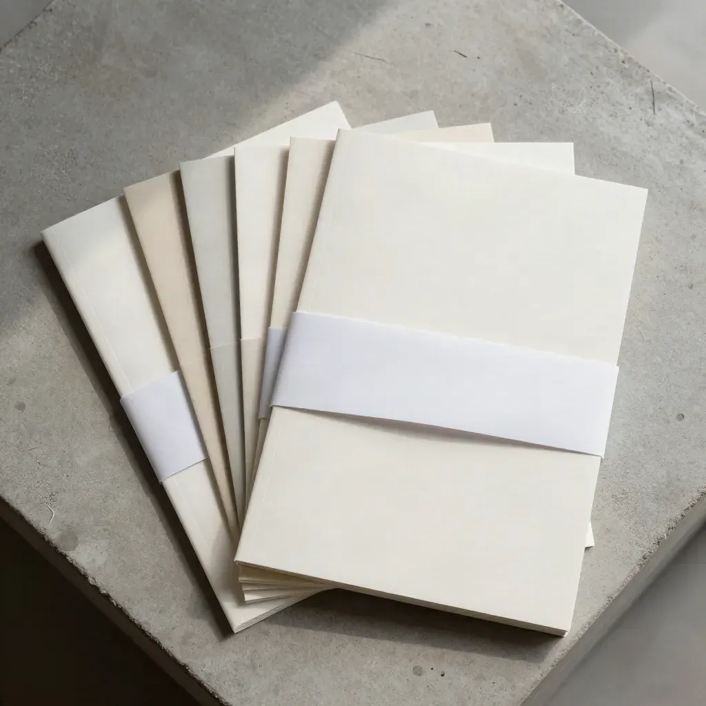 Overhead flatlay of blank report folios, divider cards, and folded sheet on concrete.