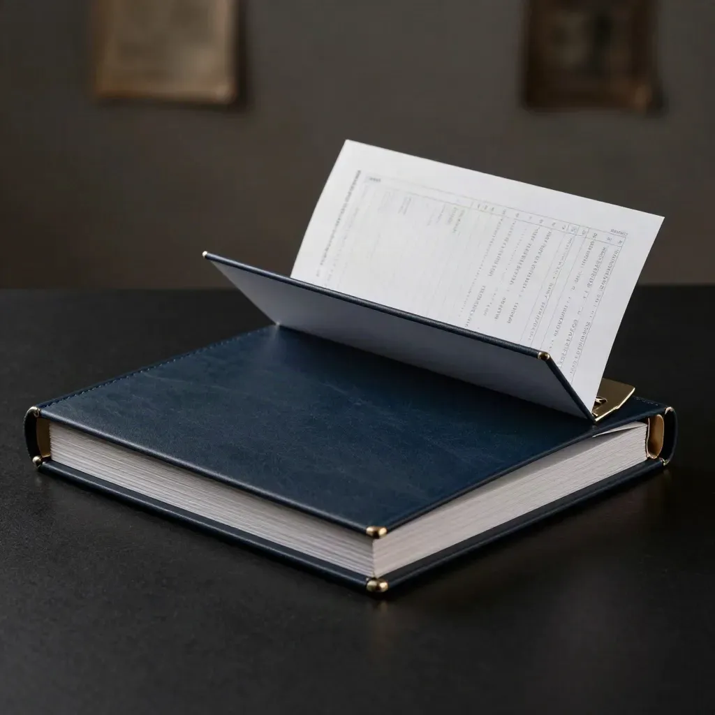 Low-angle navy ops audit binder with clipped inserts and a curling checklist on a dark studio surface.