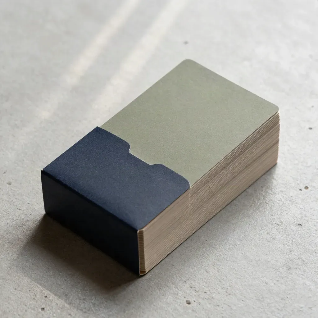 Overhead flatlay of a navy presentation card pack with divider tabs on pale concrete.