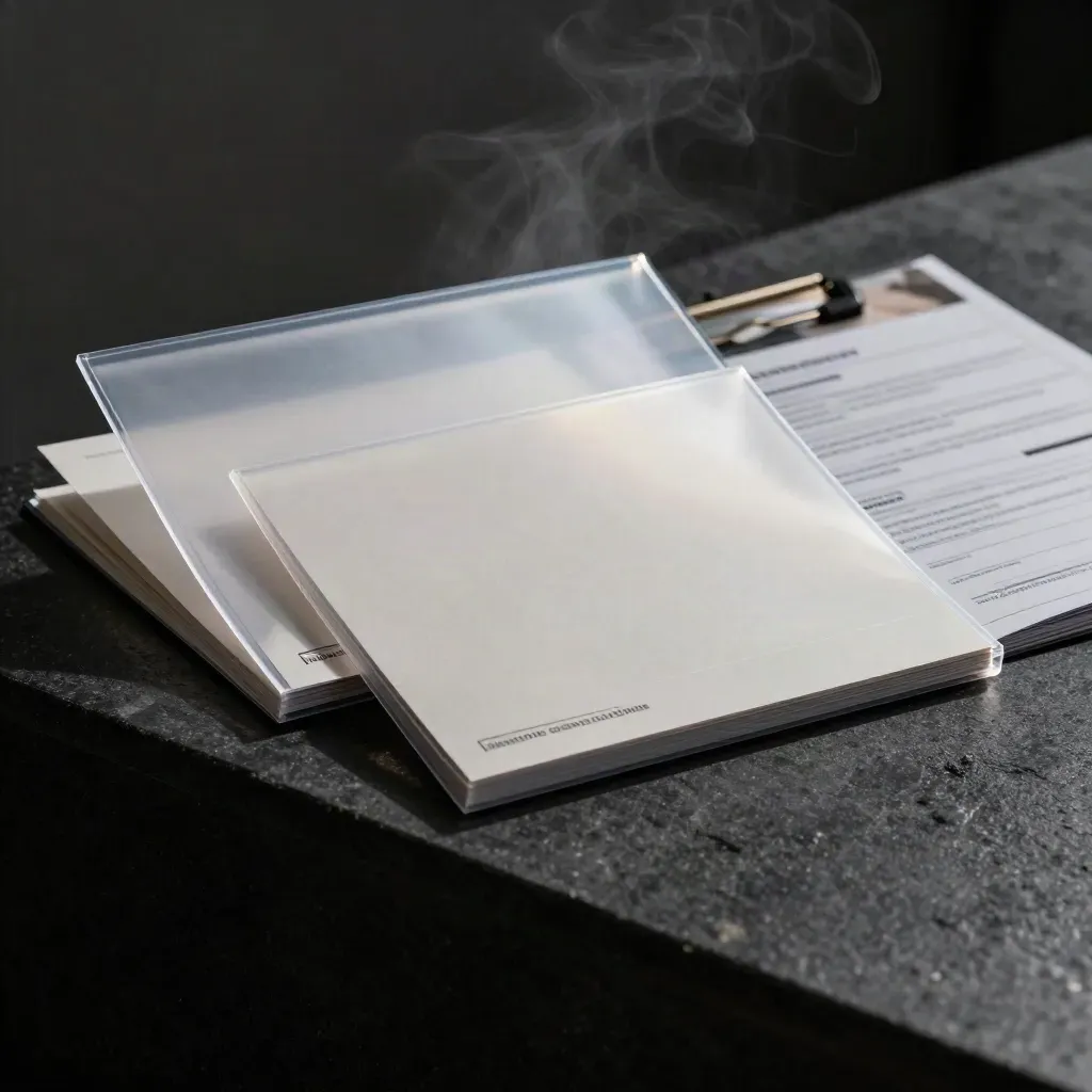 Fanned cash flow checkup sleeves and blank sheets on a dark stone ledge in dramatic rim light.
