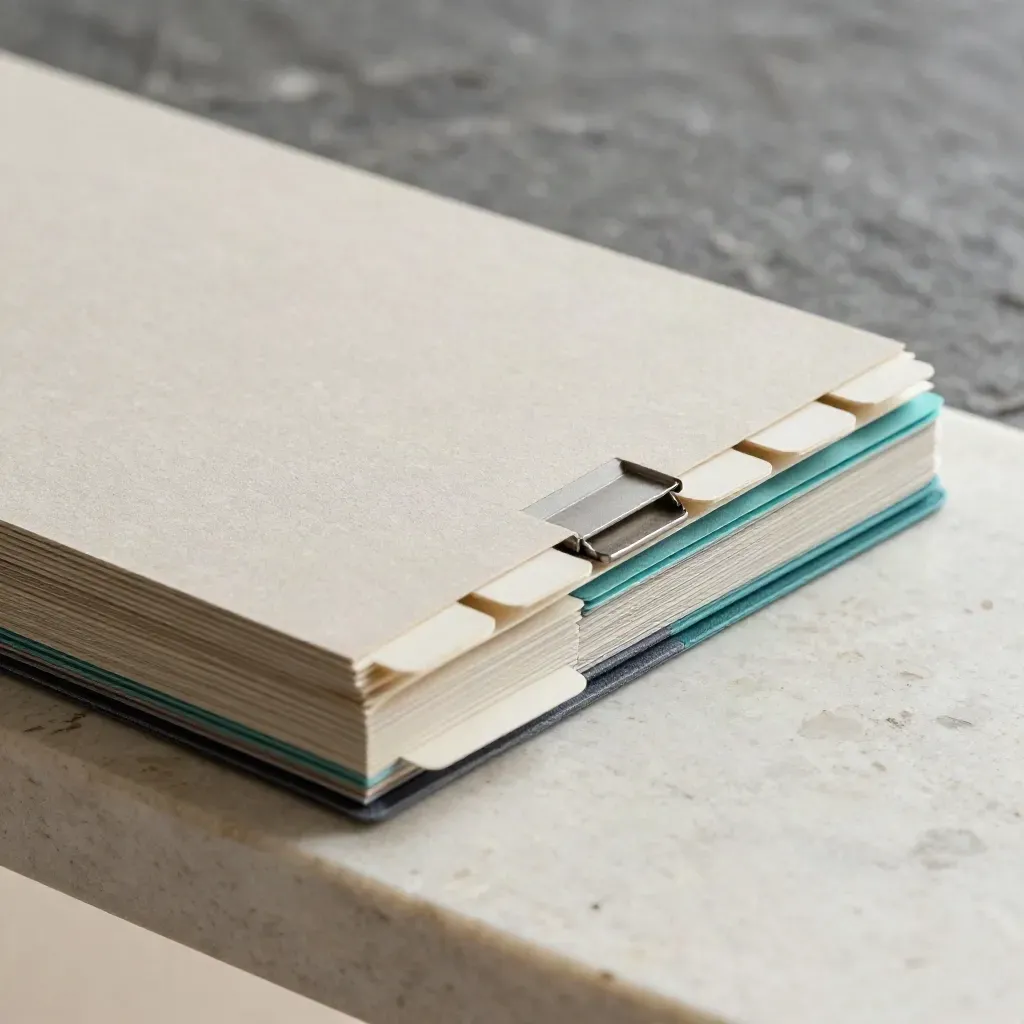 Macro of a modular project tracker card with pale tabs, teal accent, and layered inserts on travertine