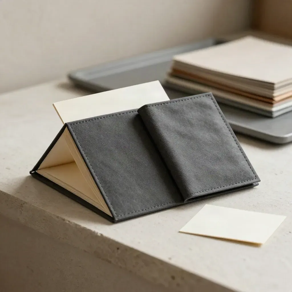 Vendor folder, sample pouch and turned note card on pale plaster, softly lit in a luxe lifestyle scene.