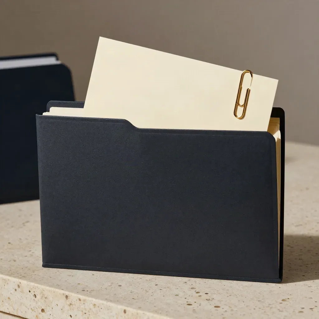 Charcoal strategy folder with blank card, brass paperclip, on pale travertine.