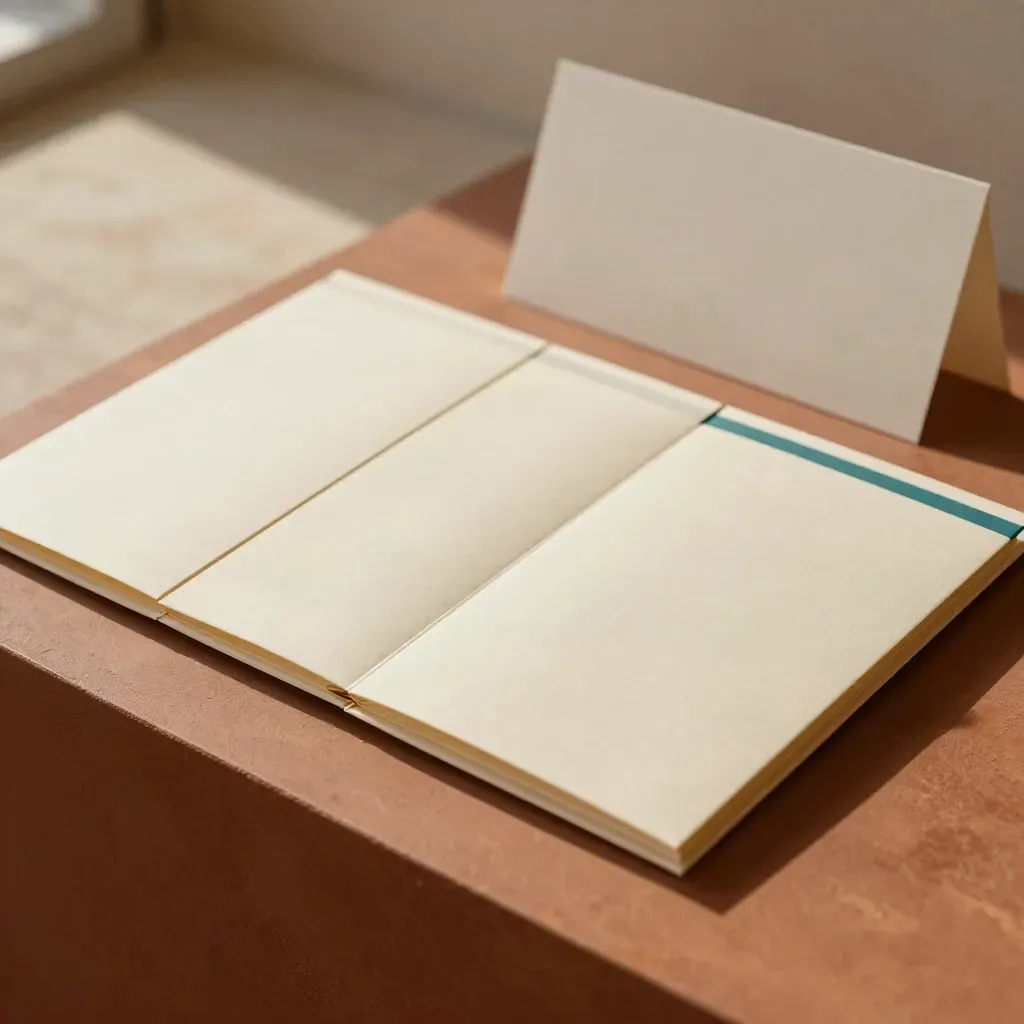 Four cream advisory packets with teal band on terracotta stone, softly lit.