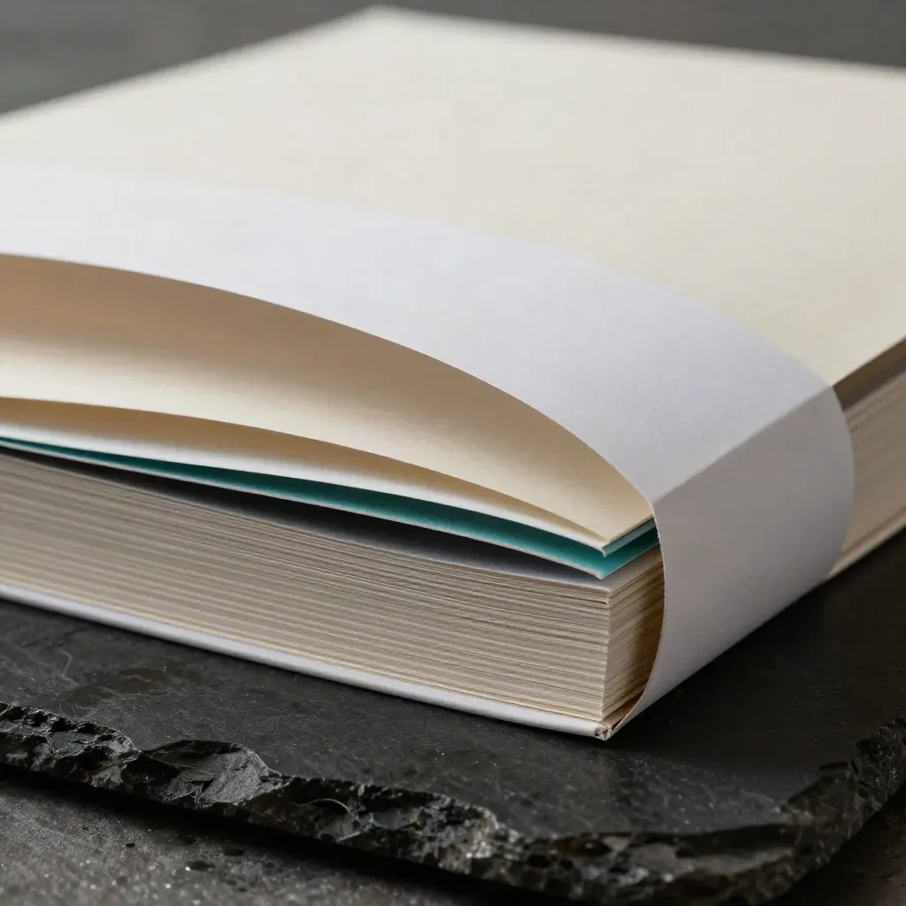 Quarterly growth plan folio peeling open with layered inserts and teal divider on black stone.