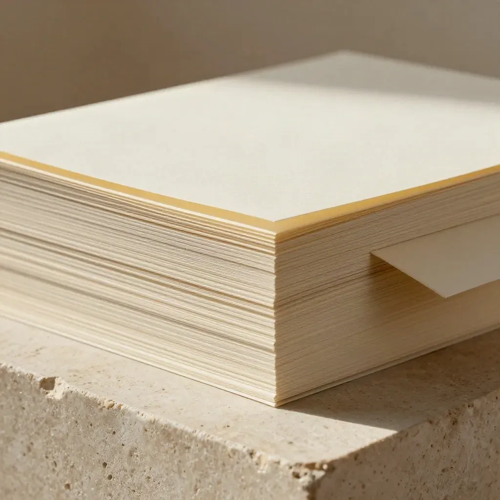 Extreme macro of a market research brief bundle with layered paper and a sample sleeve
