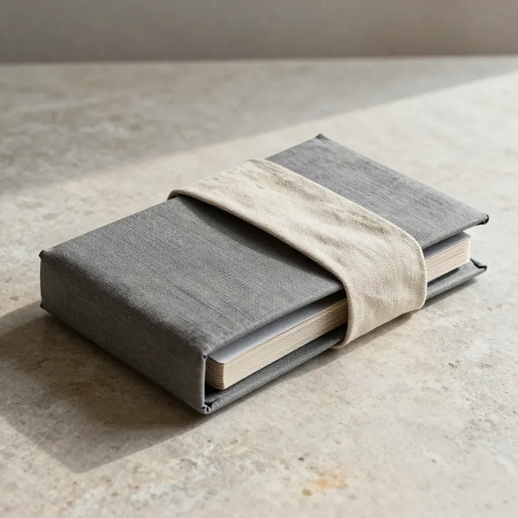Slate gray workshop folders, card deck, and linen band on pale stone in soft daylight.