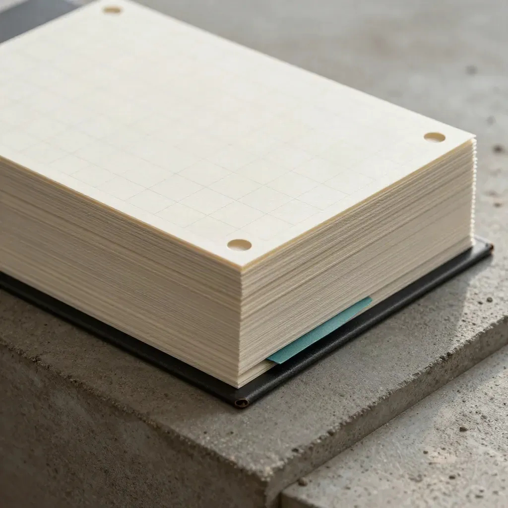 Macro of blank grid cards, dark binder edge and teal tabs on a concrete shelf