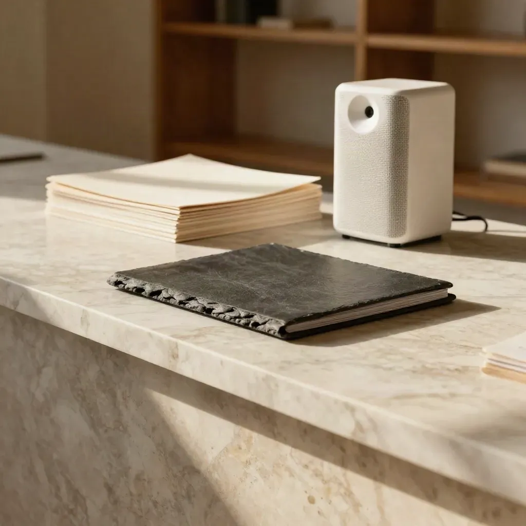 Sunlit marble ledge with consulting folio and conference speaker under blurred oak shelves