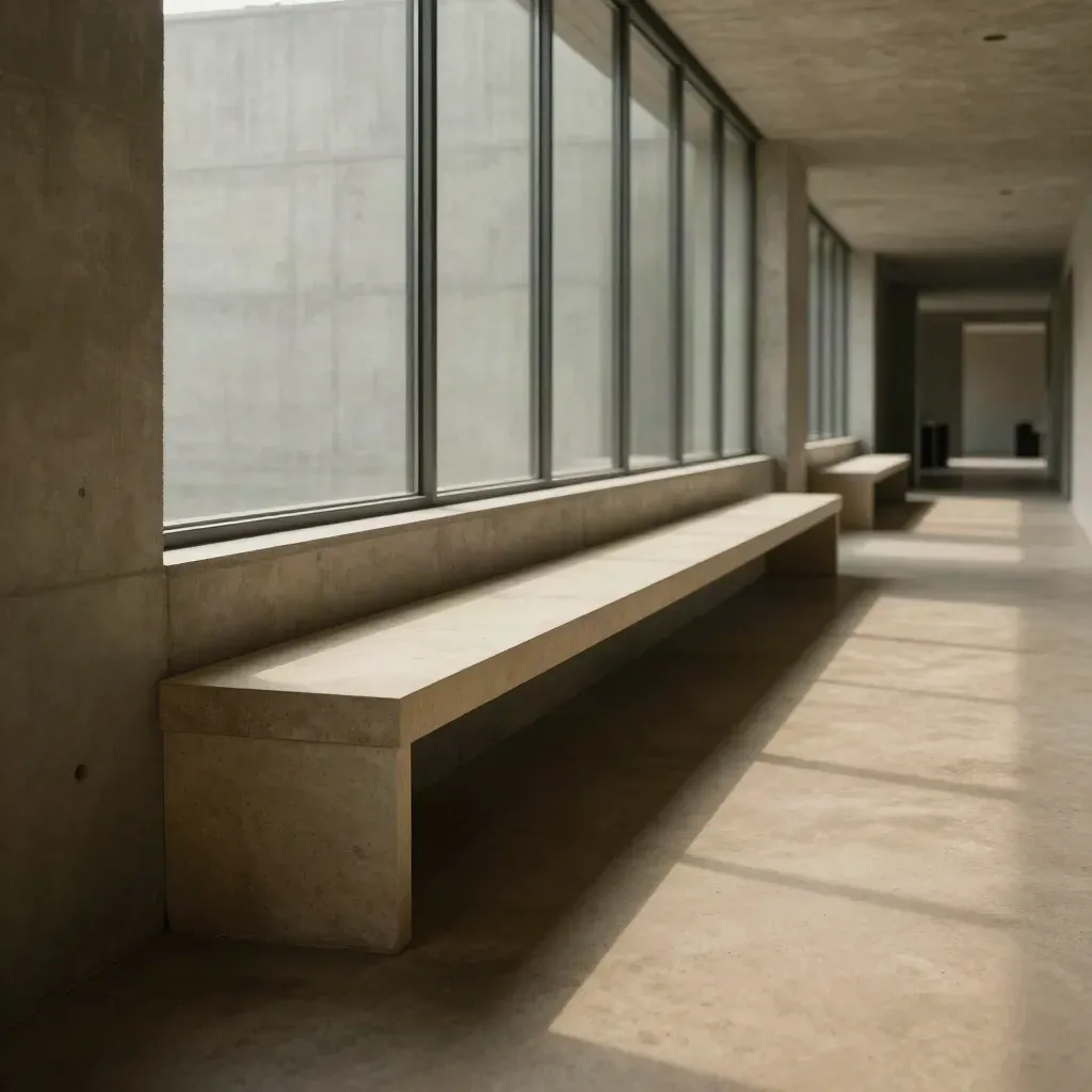 Sunlit concrete corridor with a pale stone bench and long window strip, calm lower space.